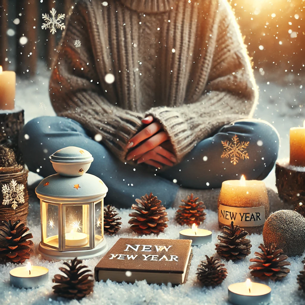 A serene winter scene of a person sitting cross-legged on a blanket in a snowy forest, surrounded by pinecones, candles, and a small journal. Snow gently falls, and a warm glow from a lantern creates a peaceful atmosphere, symbolizing reflection and hope for the new year.