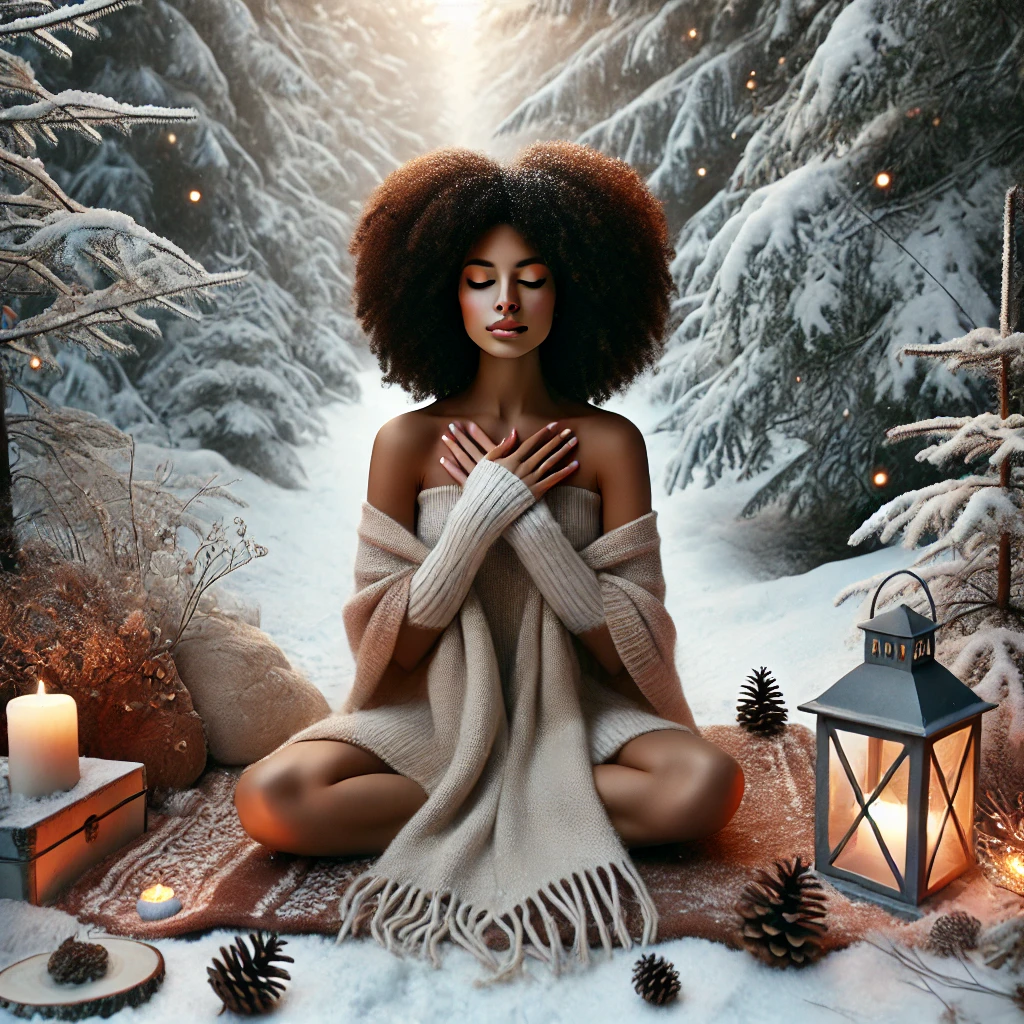 A serene winter scene featuring a mixed-race woman with natural afro hair sitting cross-legged on a blanket in a snowy forest. Her hands rest gently on her knees, and her eyes are closed in peaceful meditation. A glowing lantern and scattered pinecones surround her, with snow-covered trees in the background, creating a tranquil and grounding atmosphere.