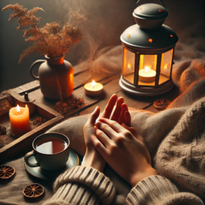 A serene and intimate scene with two hands reaching out to hold each other on a cozy blanket. Nearby, a glowing lantern, a steaming cup of tea, and a vase of dried flowers enhance the warm, nurturing atmosphere. The image symbolizes trust, connection, and the ripple effect of secure attachments.