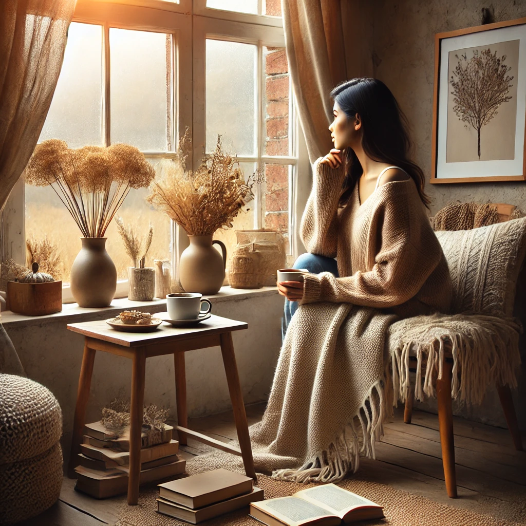 A cozy and reflective scene featuring a woman sitting by a large window, holding a steaming cup of tea as she gazes thoughtfully outside. She is wrapped in a warm knit throw, with a stack of books and dried flowers on a nearby side table. The soft natural light filtering through the window creates a nurturing and serene atmosphere, symbolizing emotional awareness and inner connection.